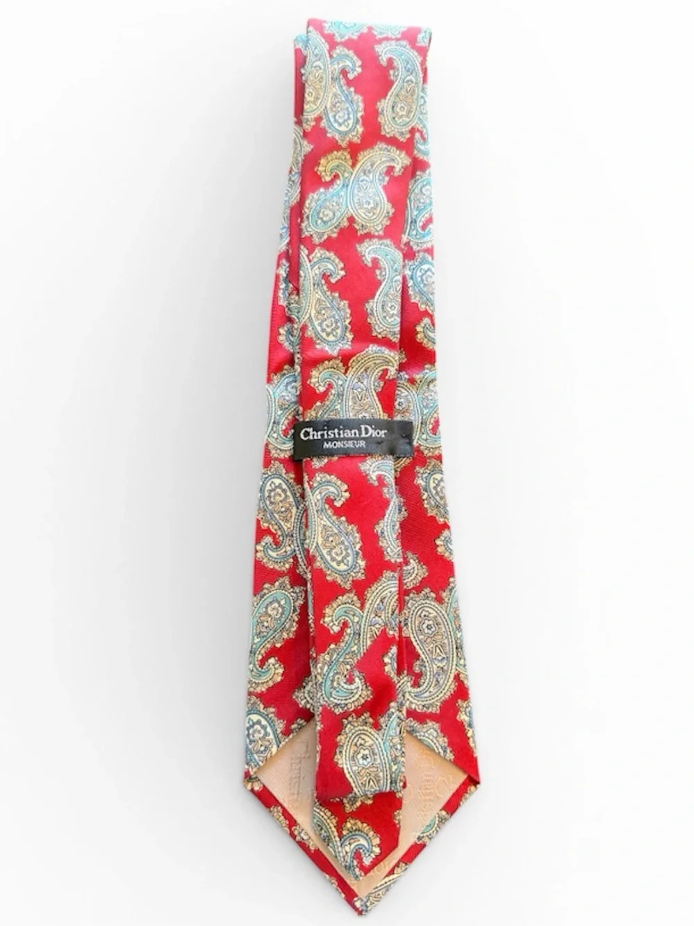 Vintage Dior Monsieur Red Paisley Silk Tie with Cream and Light Blue Accents